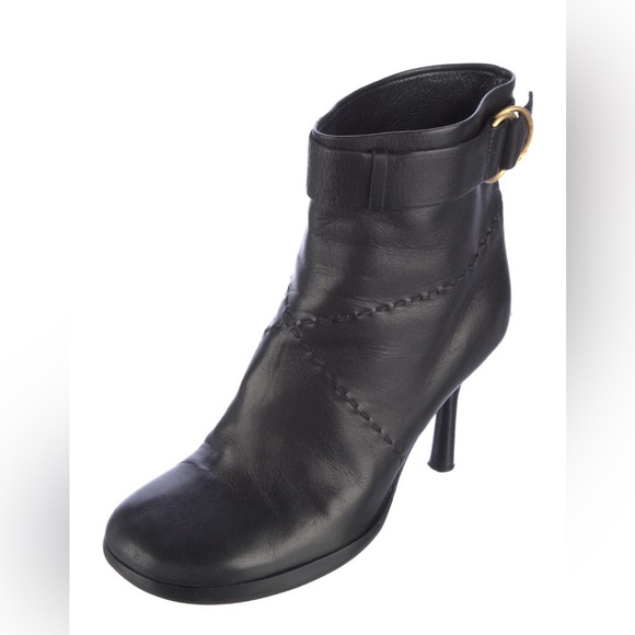 Chanel Black Ankle Boots Heels 38.5 Booties CC Interlocking Logo Leather Vintage - Picture 2 of 4